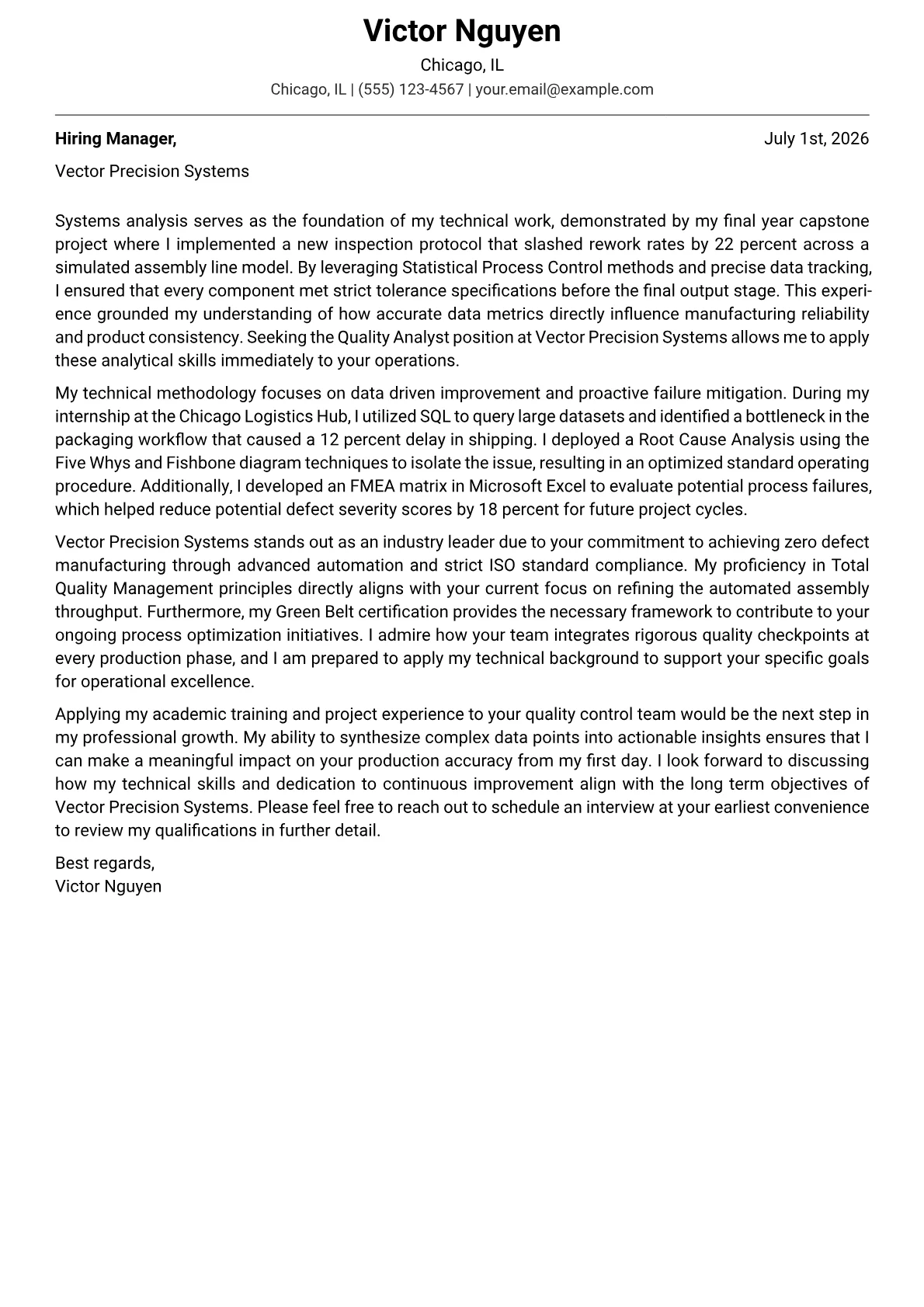 Quality Analyst cover letter in the Modern design