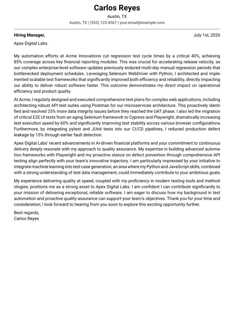 Quality Assurance Analyst Cover Letter Example