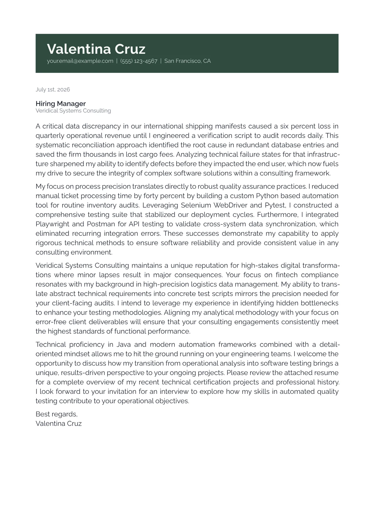 Quality Assurance cover letter in the Banner design