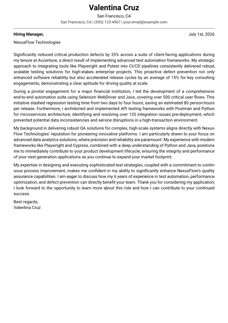 Quality Assurance cover letter example preview