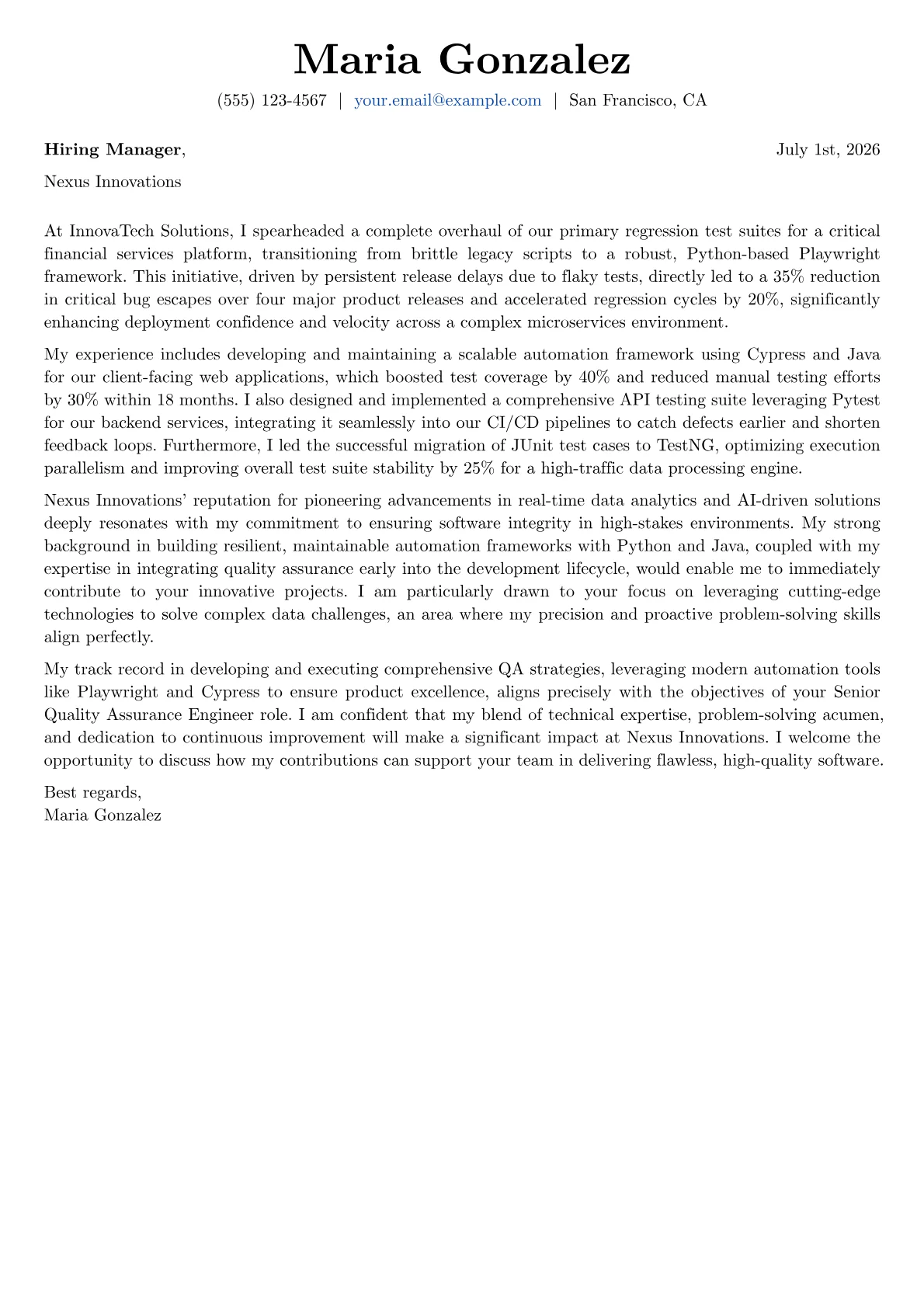 Quality Assurance Engineer cover letter formatted with a JobSprout template
