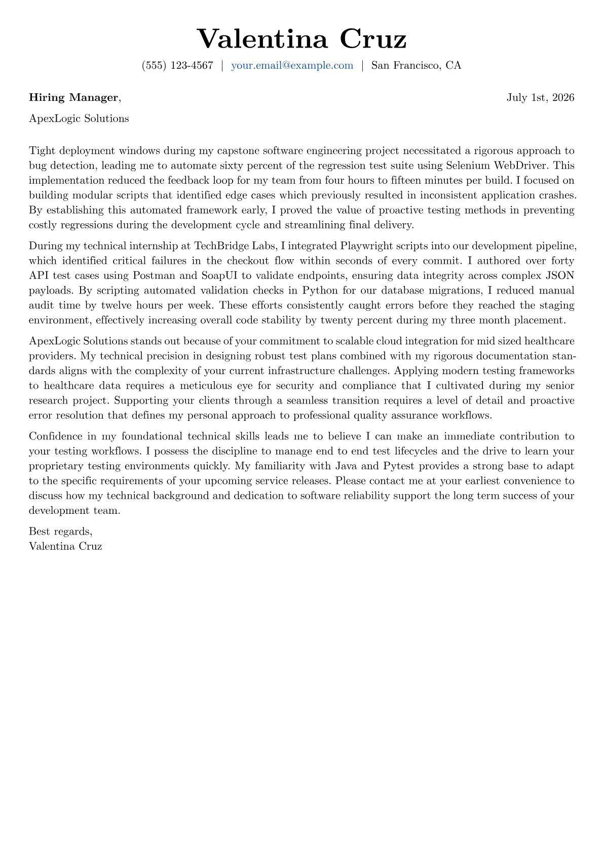 Quality Assurance cover letter in the Basic design