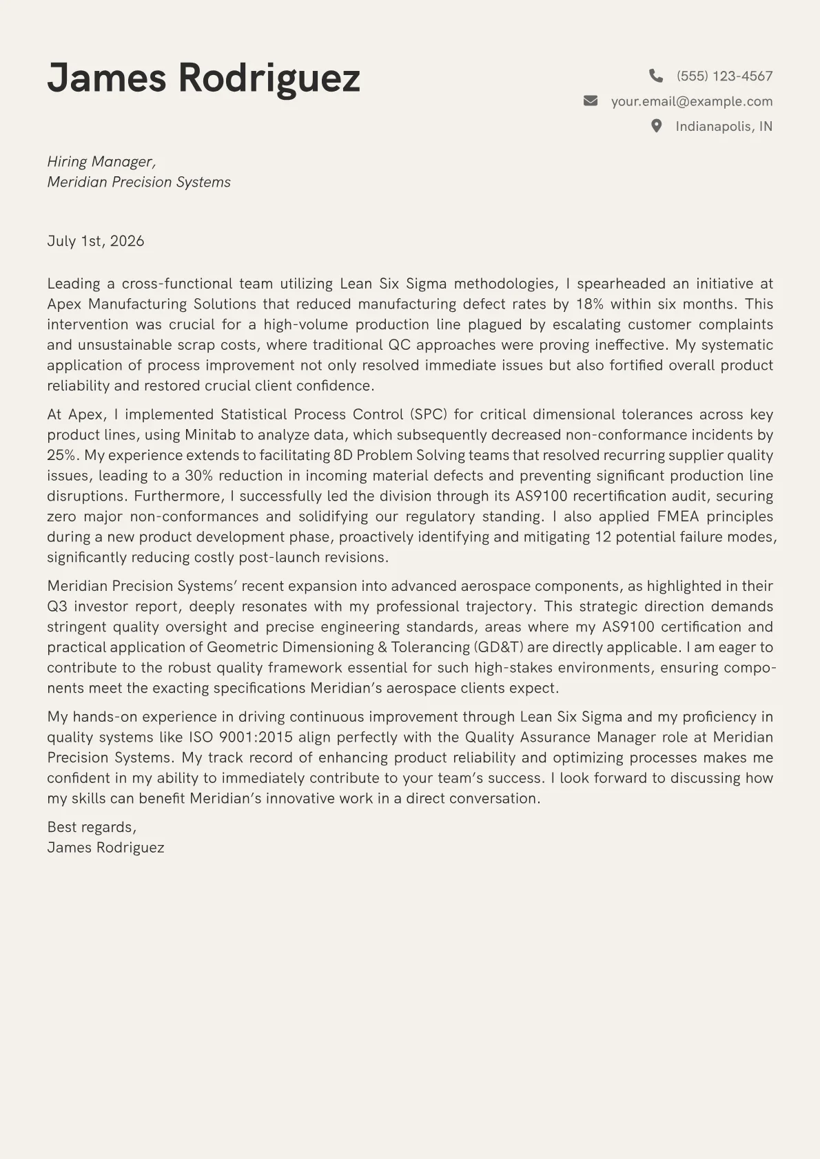 Quality Assurance Manager cover letter formatted with a JobSprout template