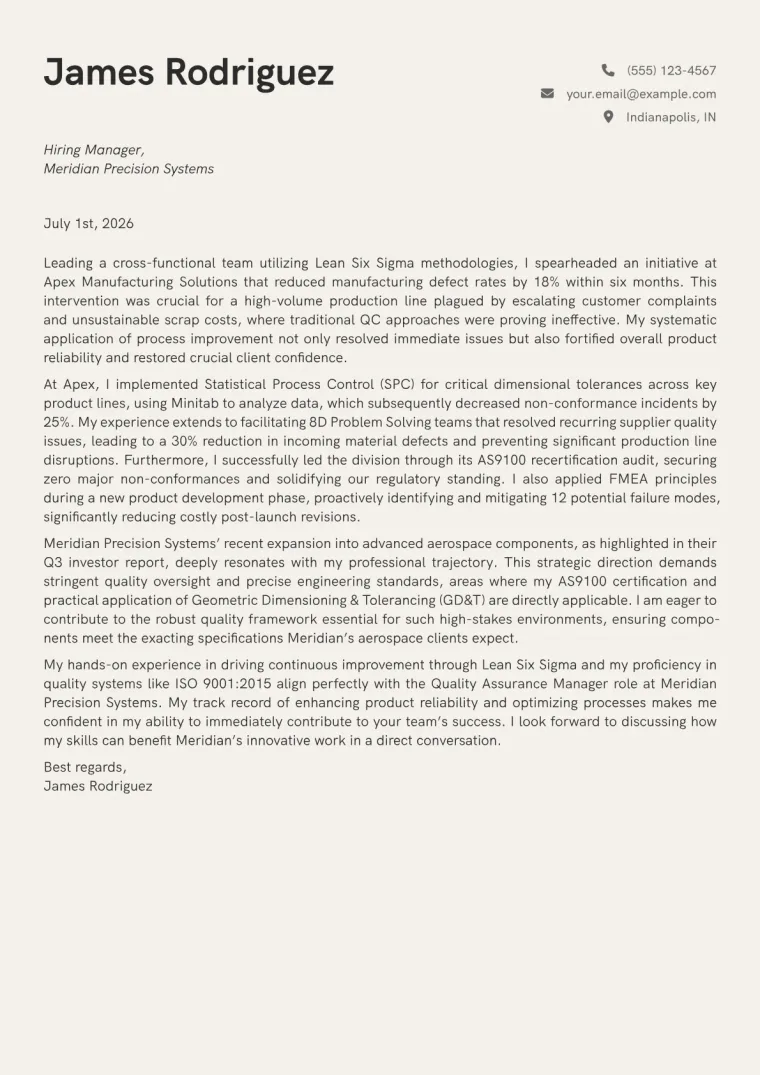 Quality Assurance Manager Cover Letter Example