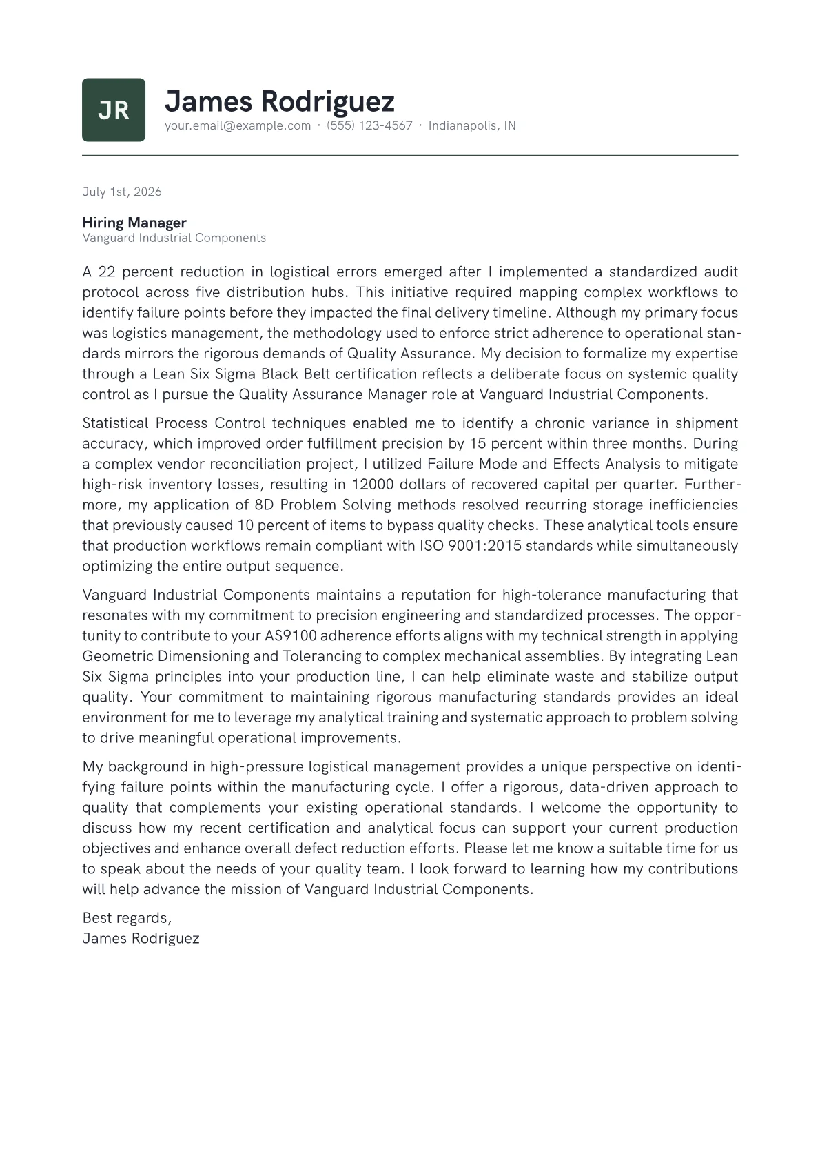 Quality Assurance Manager cover letter in the Emblem design