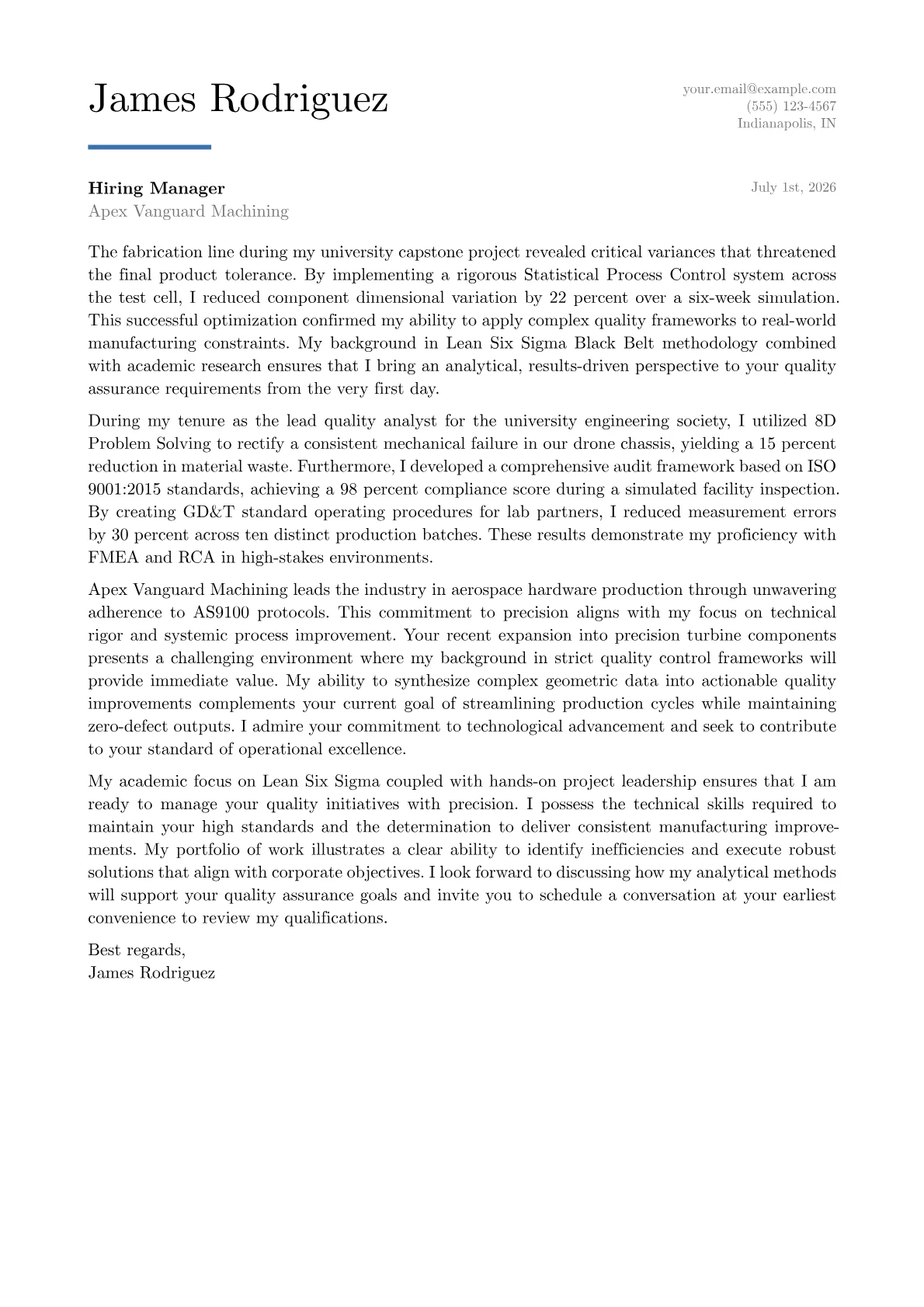 Quality Assurance Manager cover letter in the Executive design