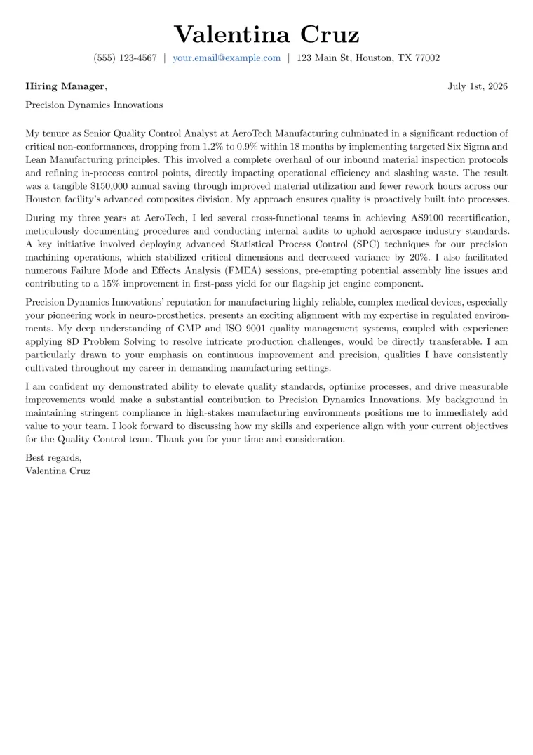 Quality Control cover letter example preview