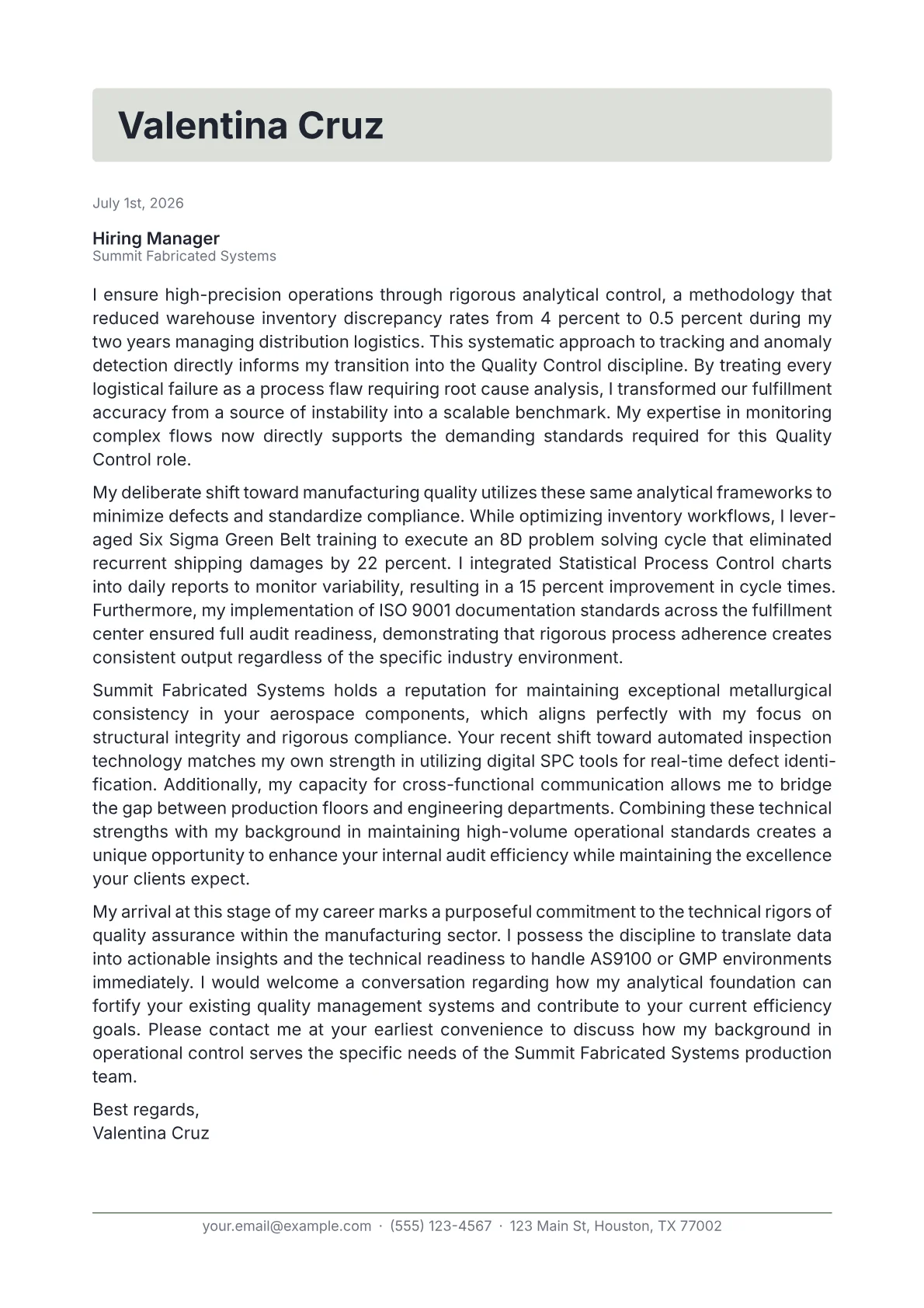 Quality Control cover letter in the Letterhead design