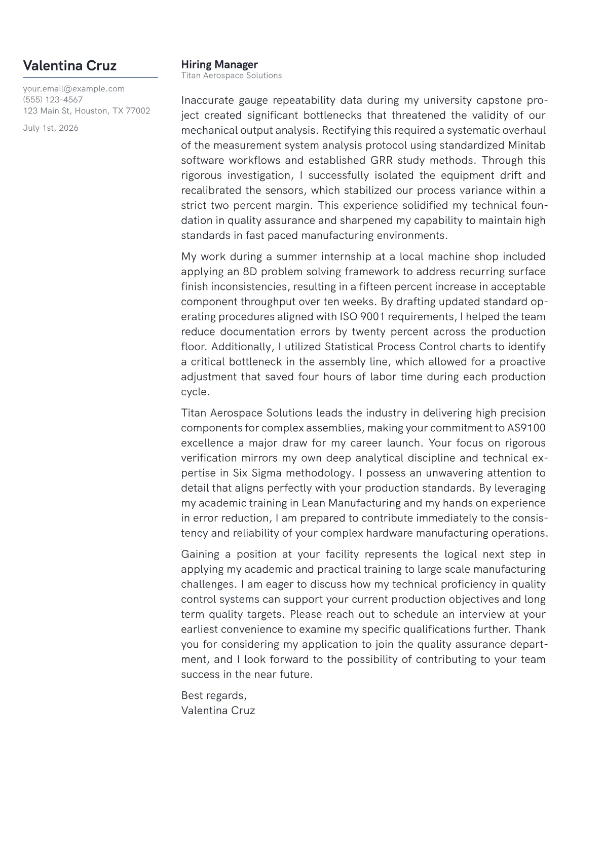 Quality Control cover letter in the Margin design