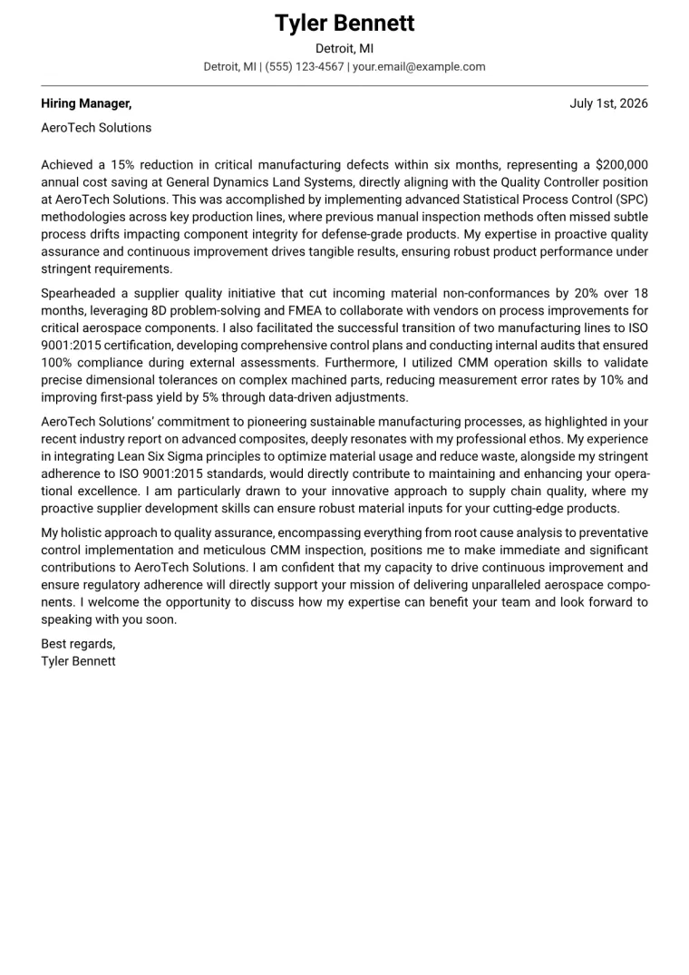 Quality Controller Cover Letter Example