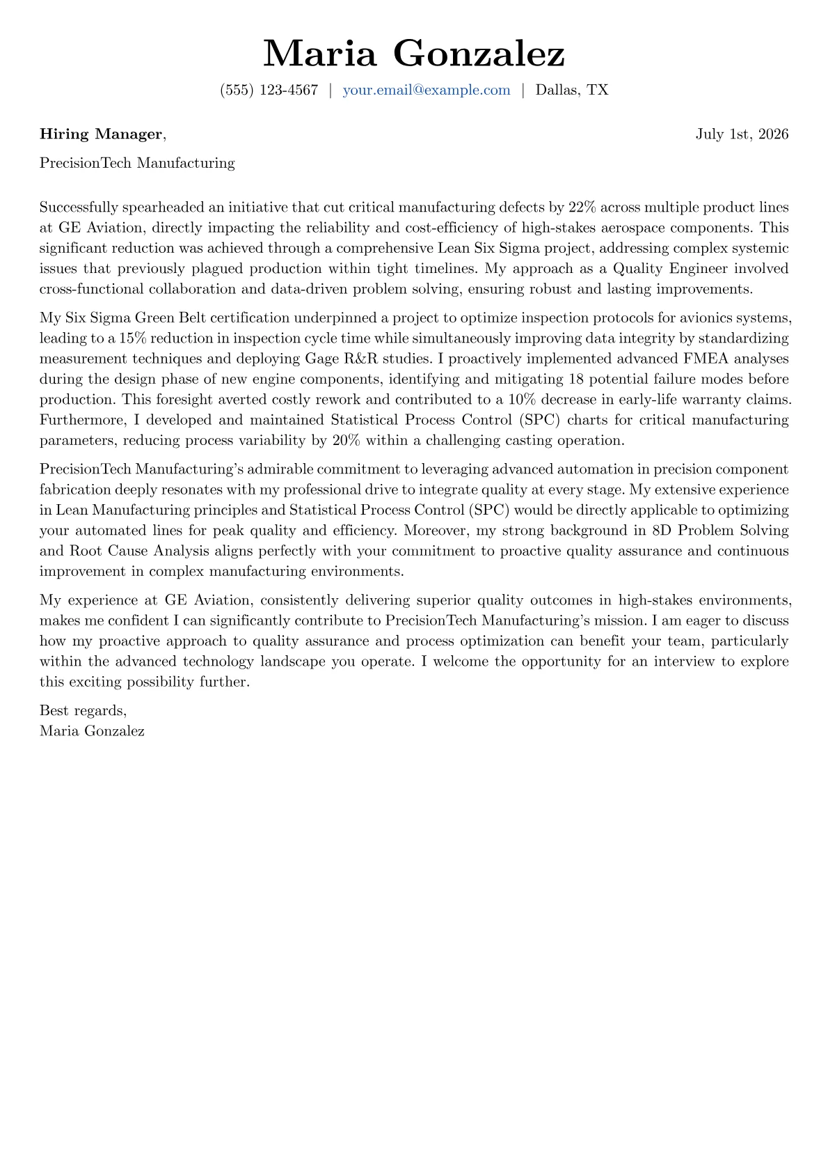 Quality Engineer cover letter formatted with a JobSprout template