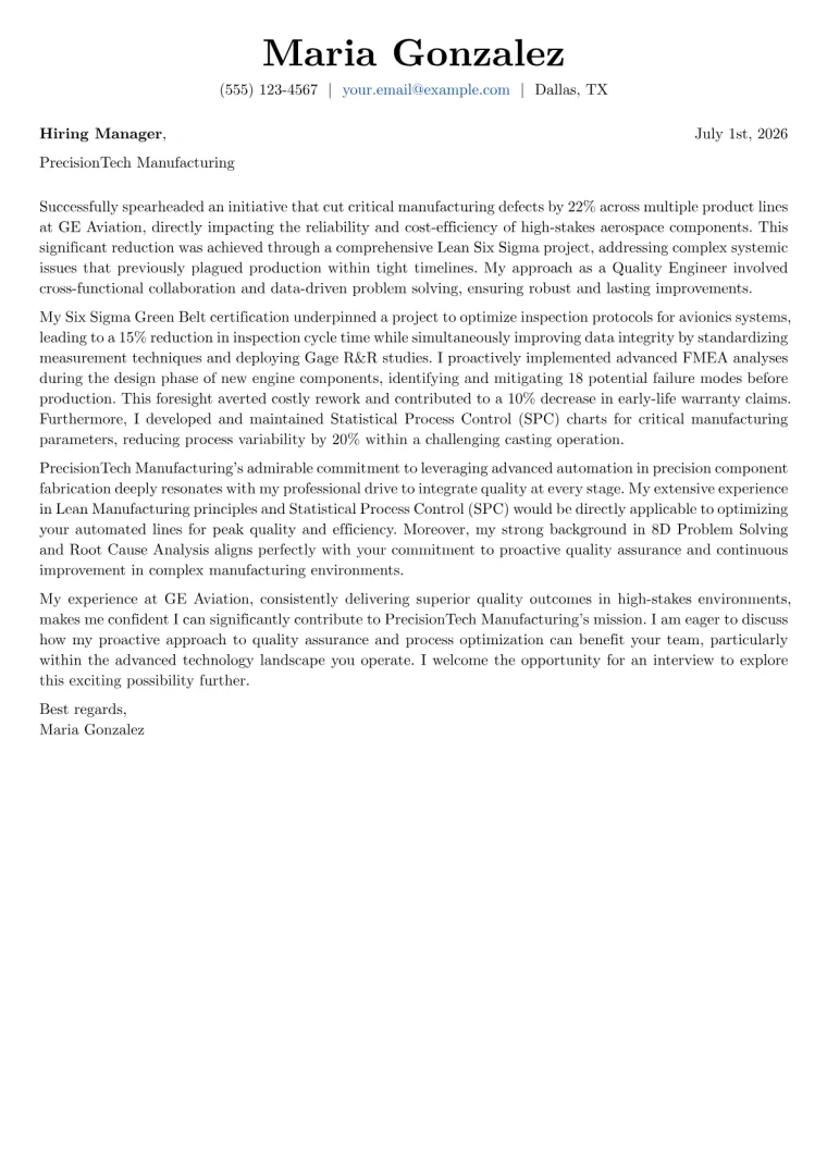 Quality Engineer Cover Letter Example