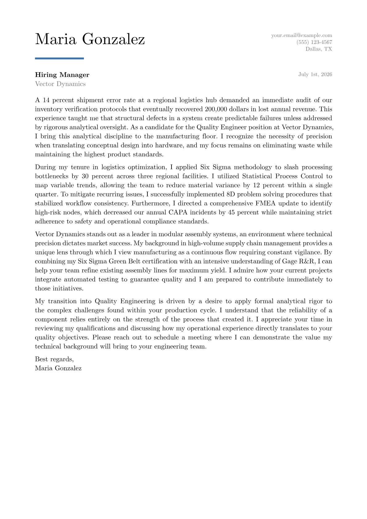 Quality Engineer cover letter in the Executive design