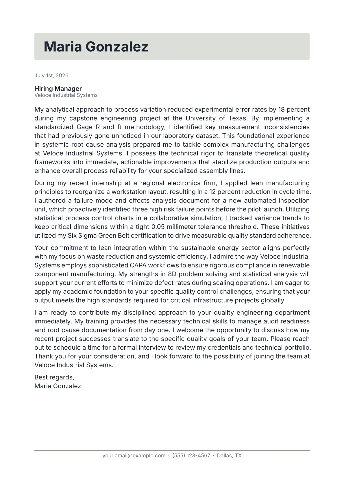 Quality Engineer cover letter in the Letterhead design