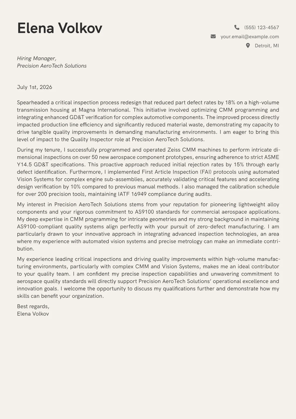 Quality Inspector cover letter formatted with a JobSprout template
