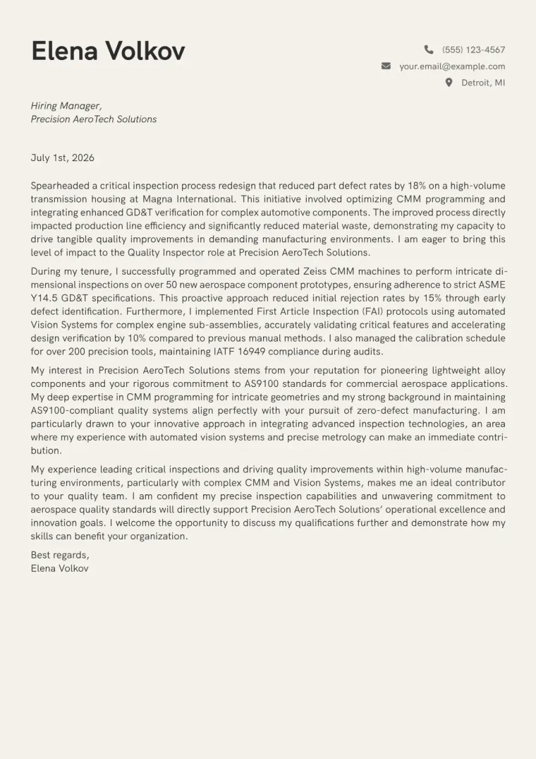 Quality Inspector Cover Letter Example
