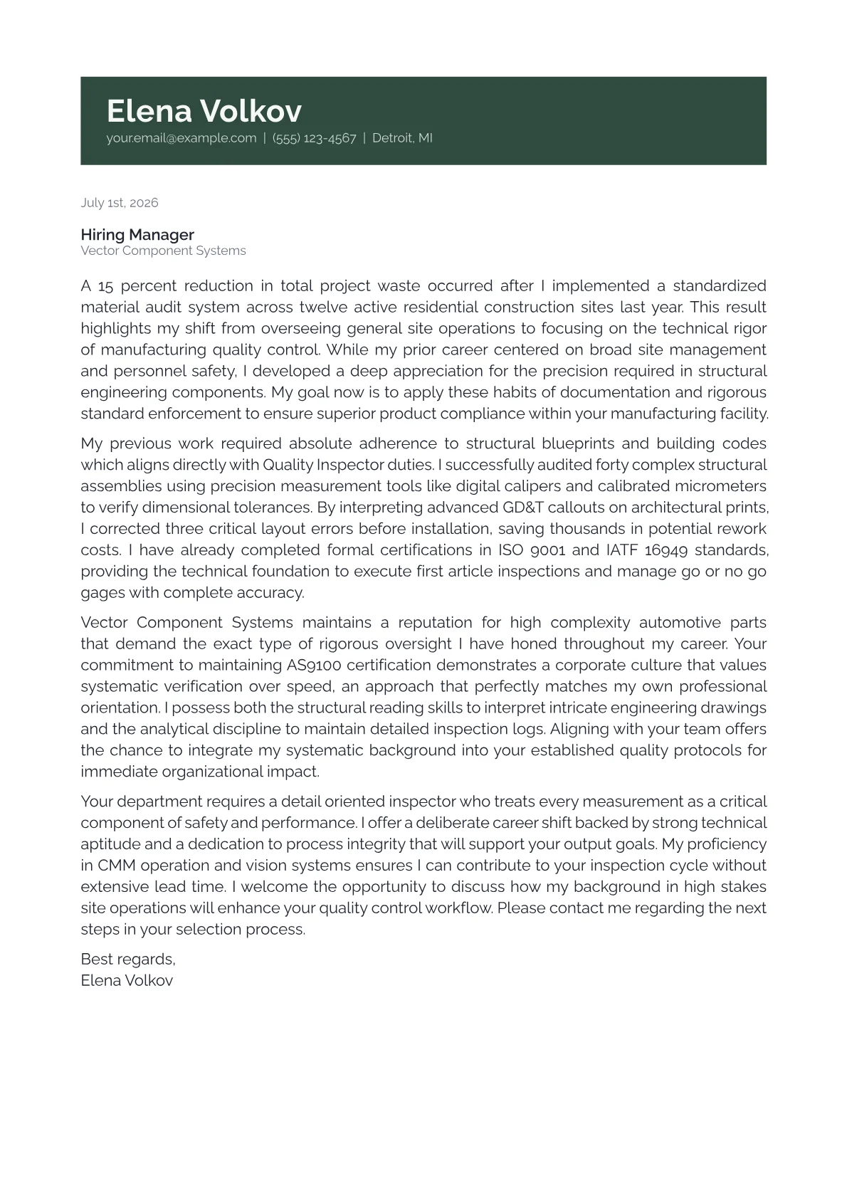 Quality Inspector cover letter in the Banner design