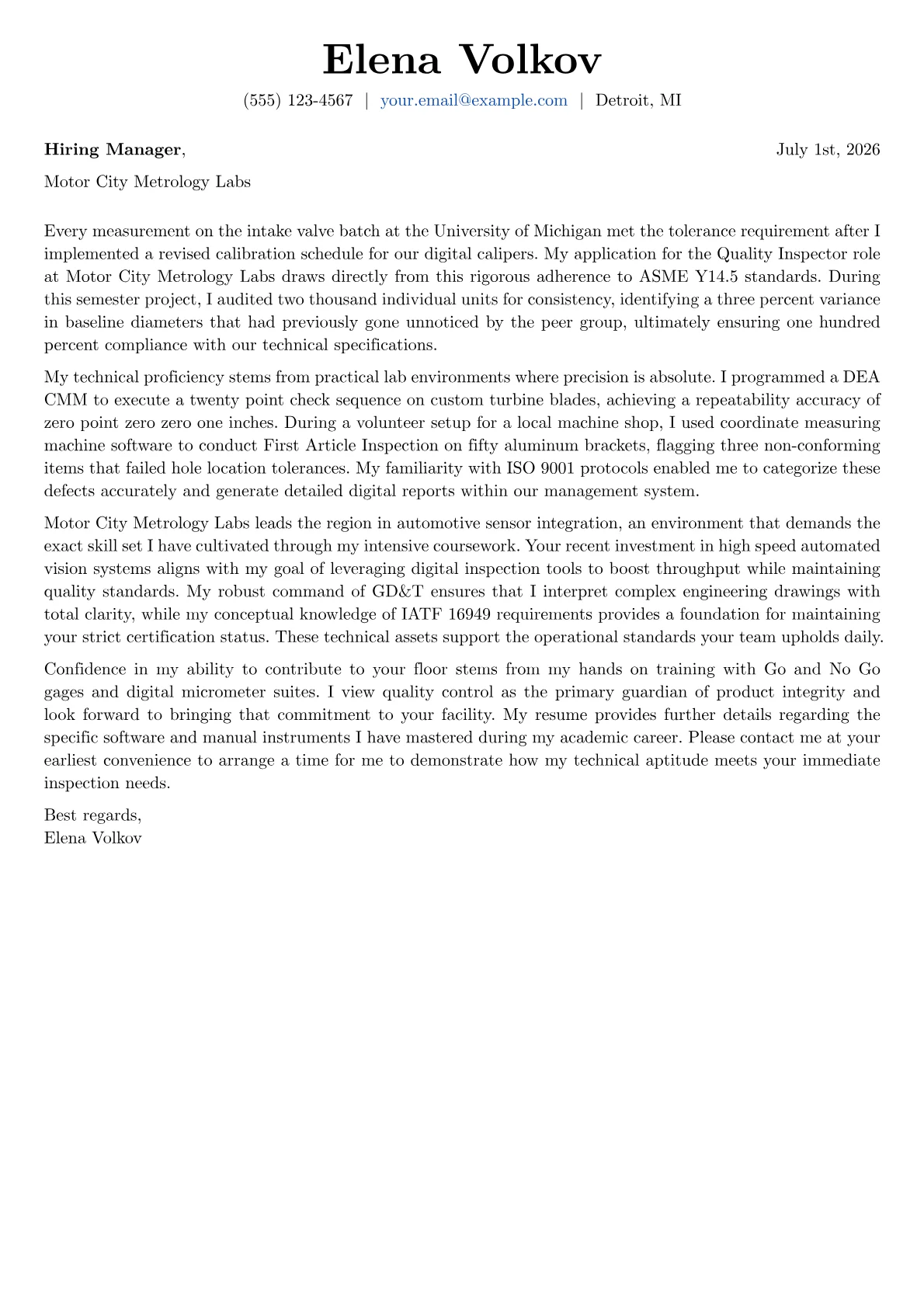Quality Inspector cover letter in the Basic design