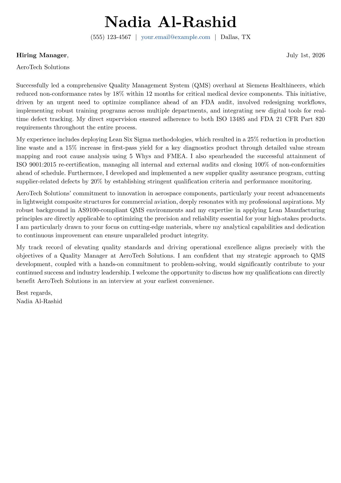 Quality Manager cover letter formatted with a JobSprout template