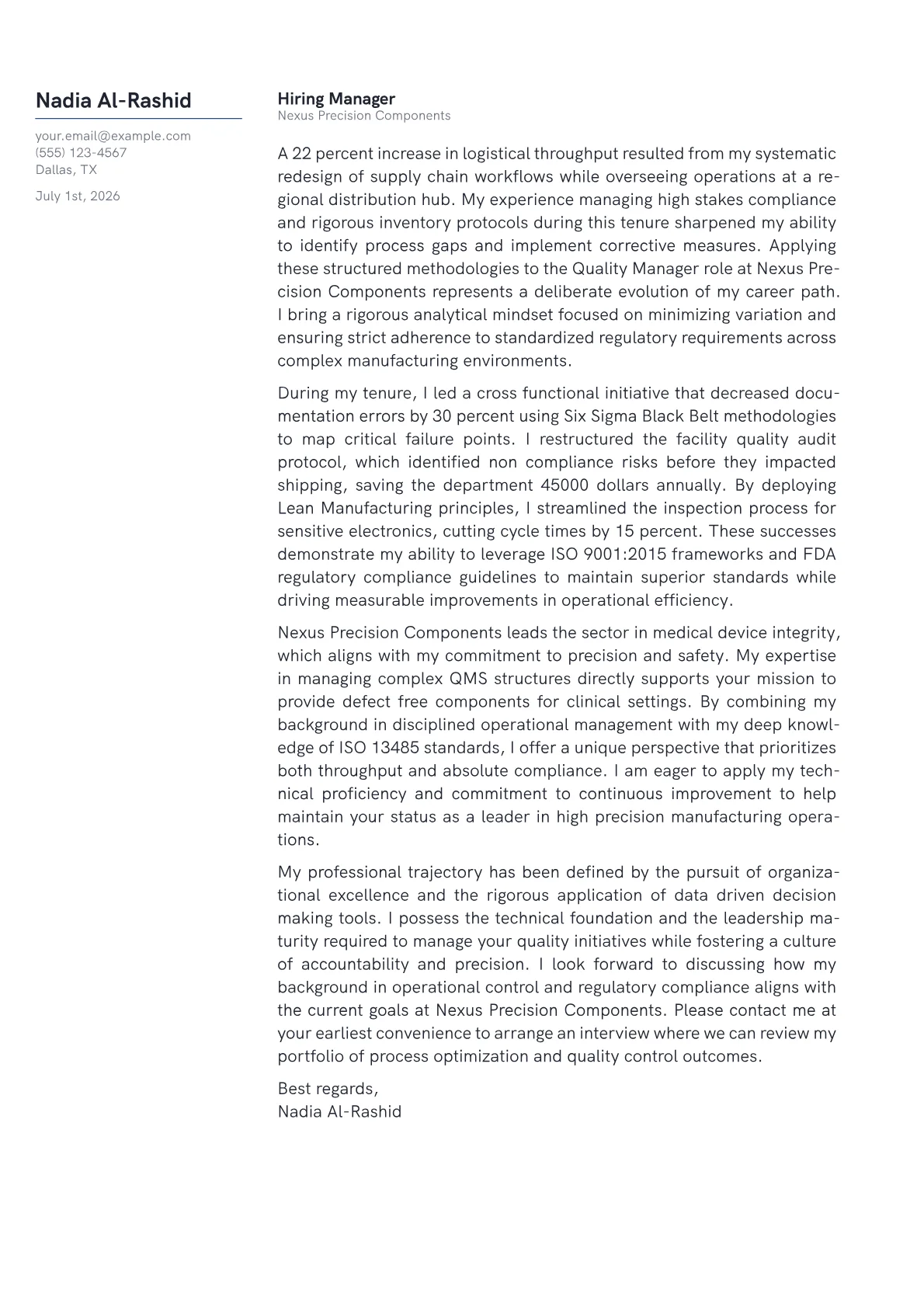 Quality Manager cover letter in the Margin design