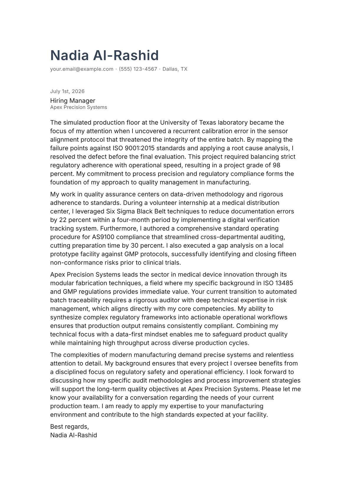 Quality Manager cover letter in the Minimal design