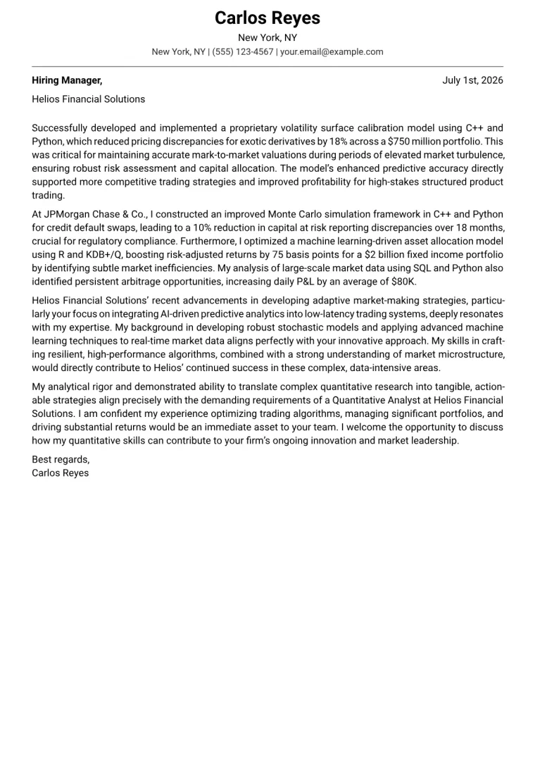 Quantitative Analyst Cover Letter Example