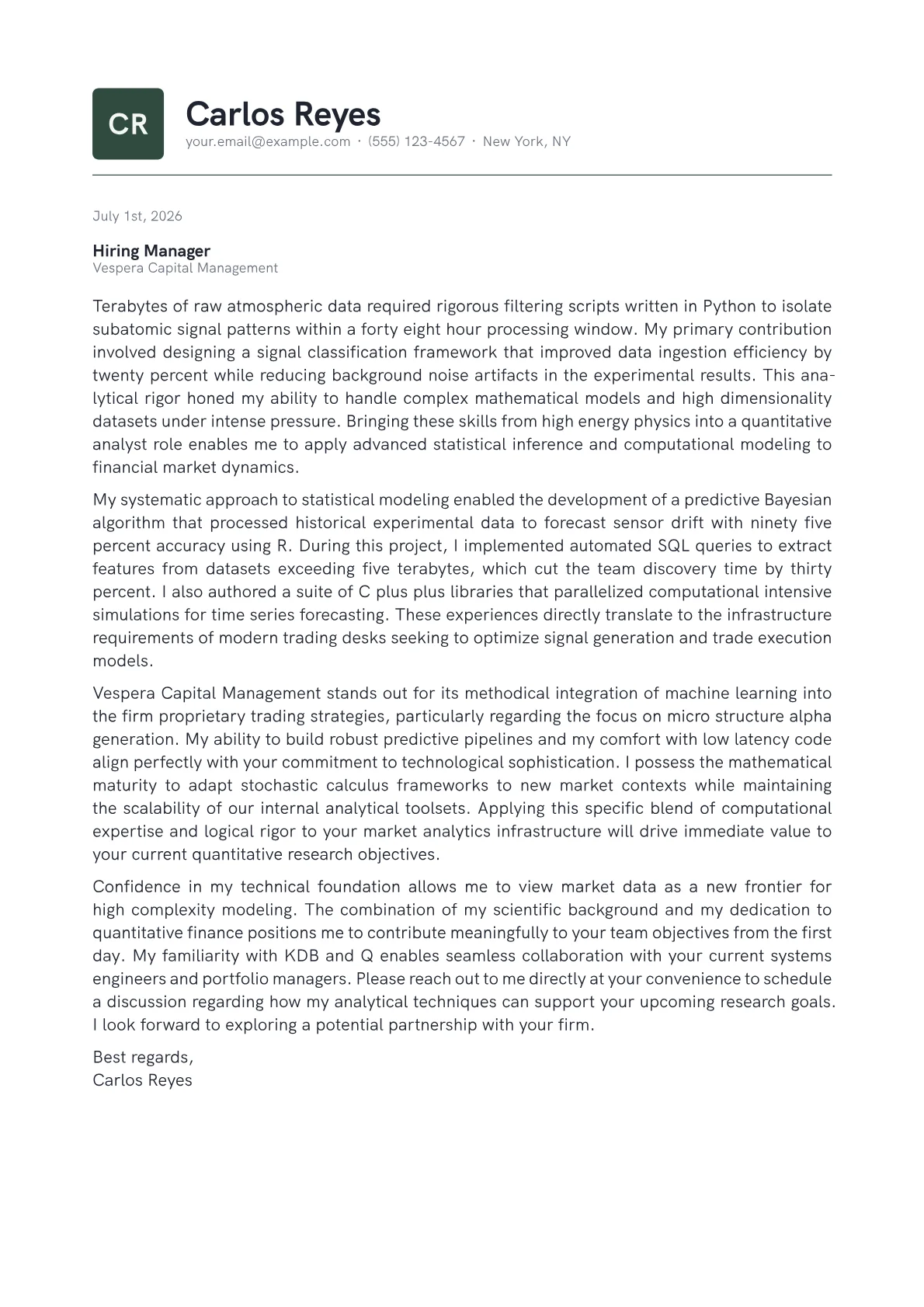 Quantitative Analyst cover letter in the Emblem design