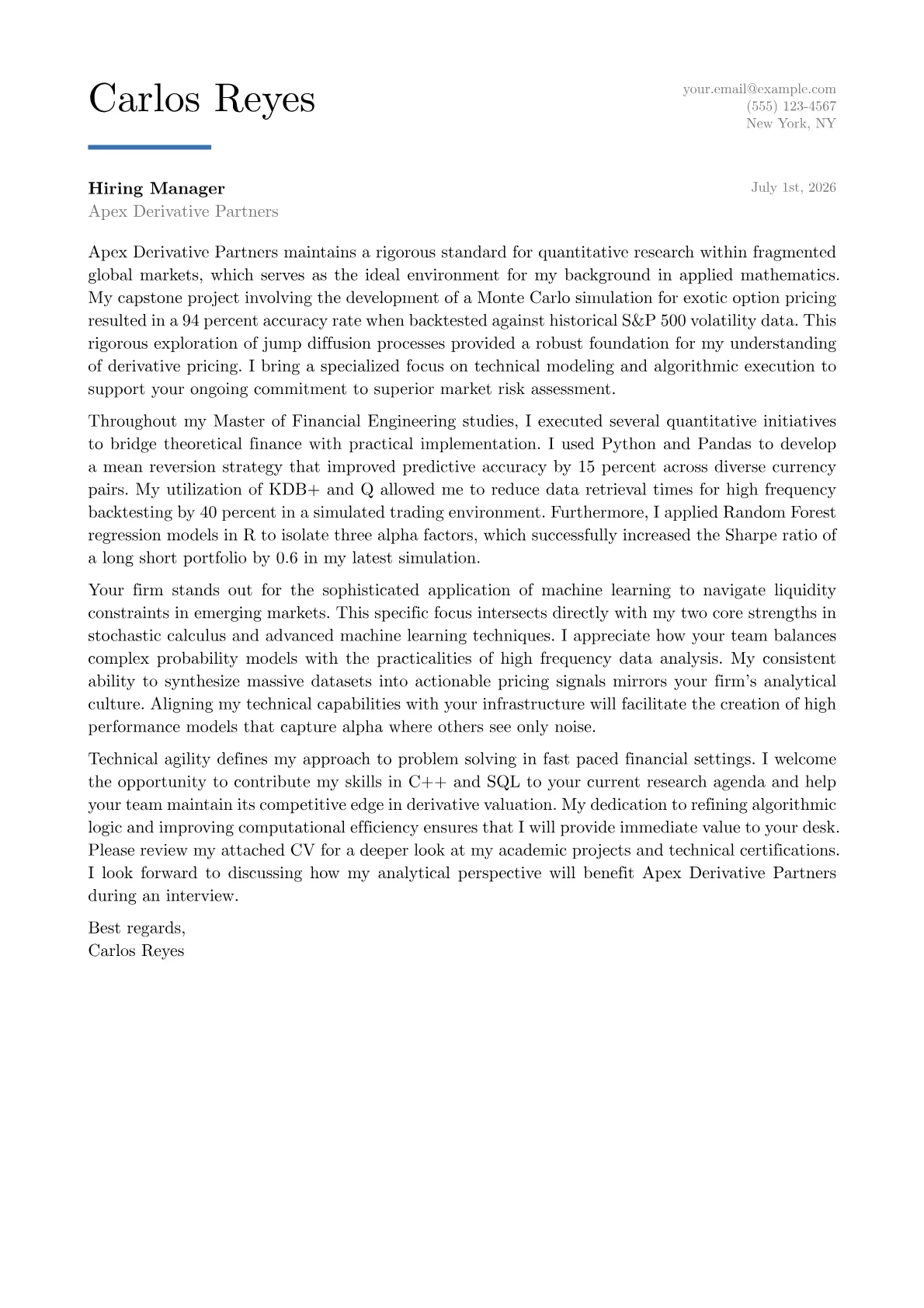 Quantitative Analyst cover letter in the Executive design