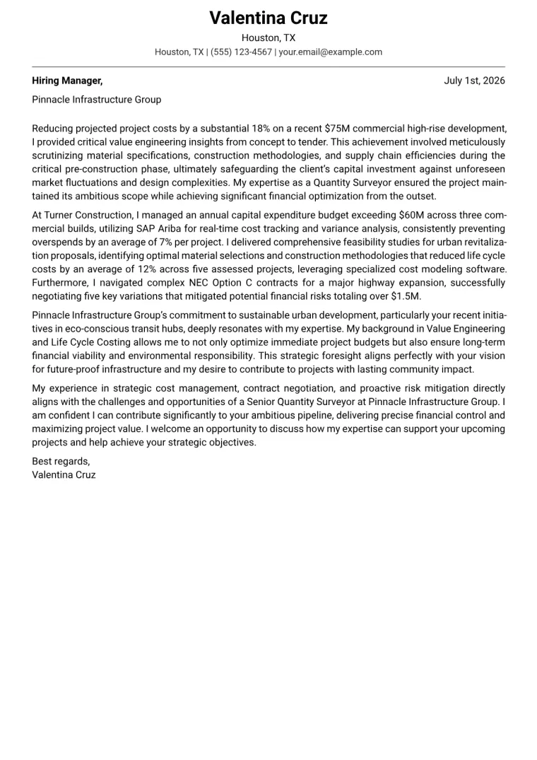 Quantity Surveyor Cover Letter Example