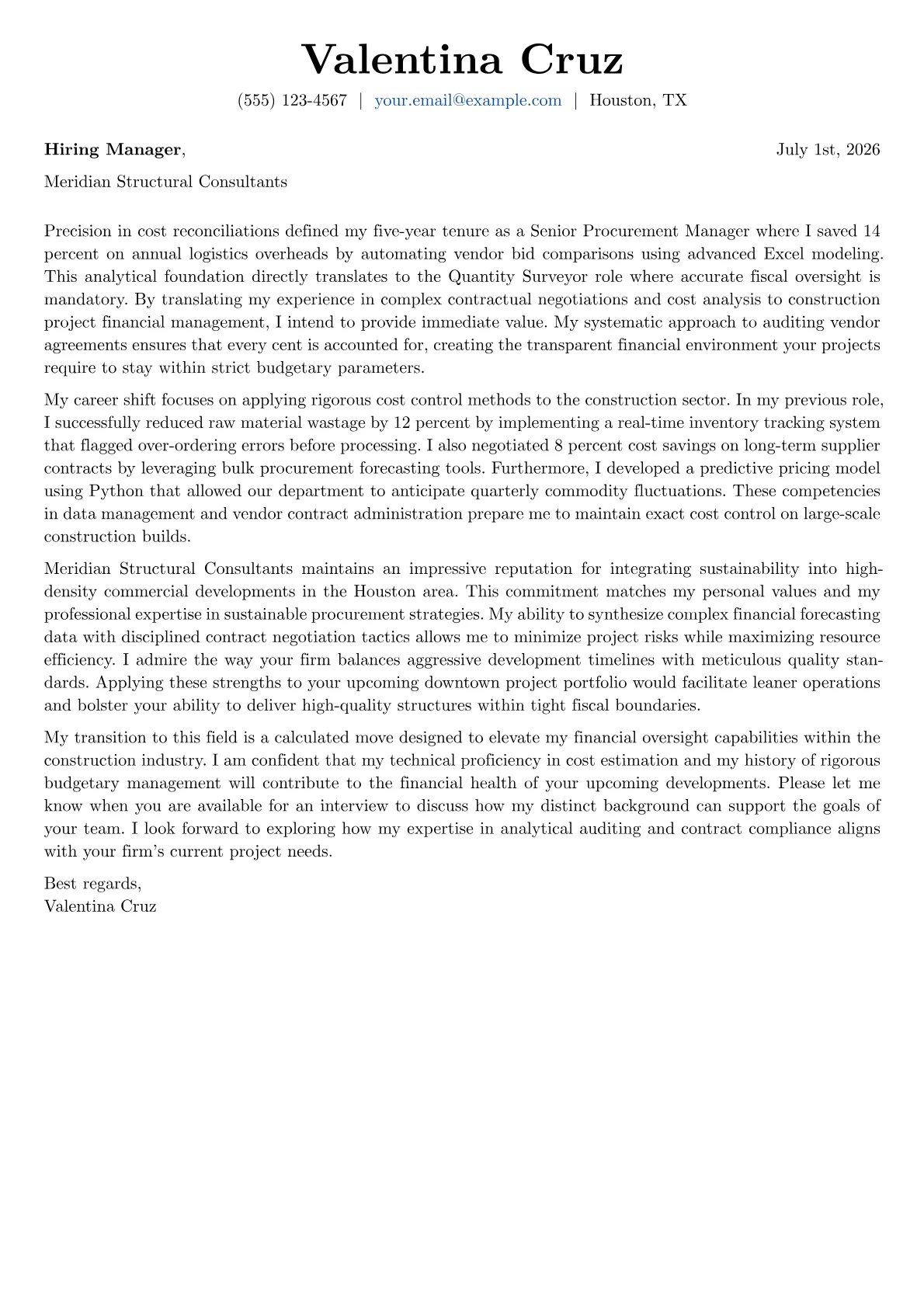 Quantity Surveyor cover letter in the Basic design