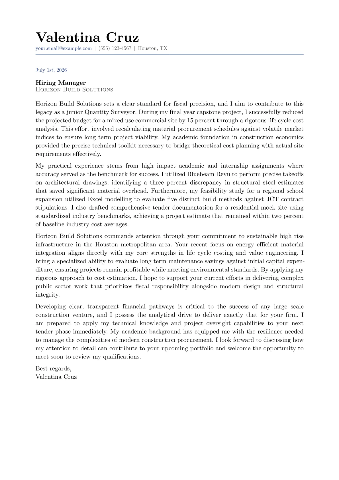Quantity Surveyor cover letter in the Classic design