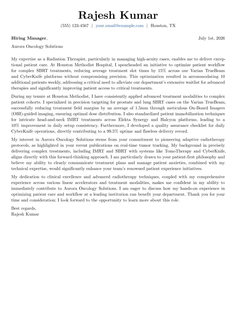 Radiation Therapist cover letter example preview