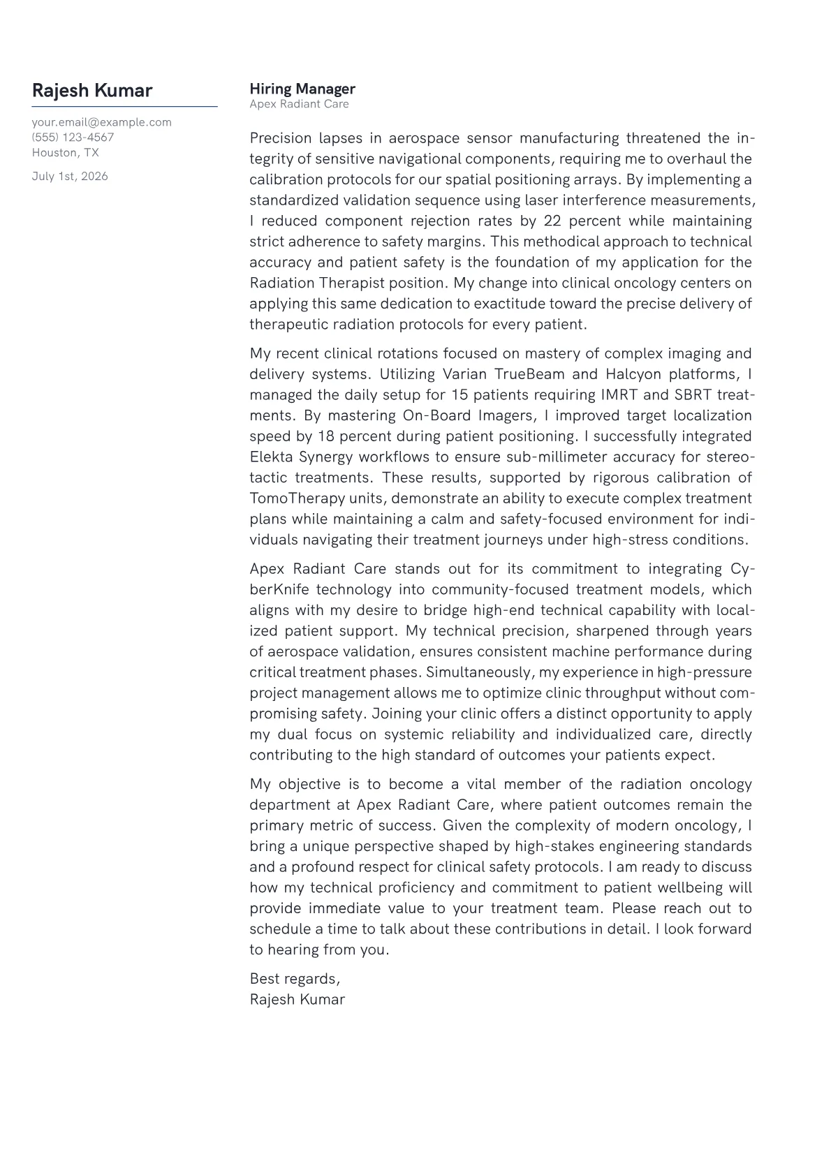 Radiation Therapist cover letter in the Margin design