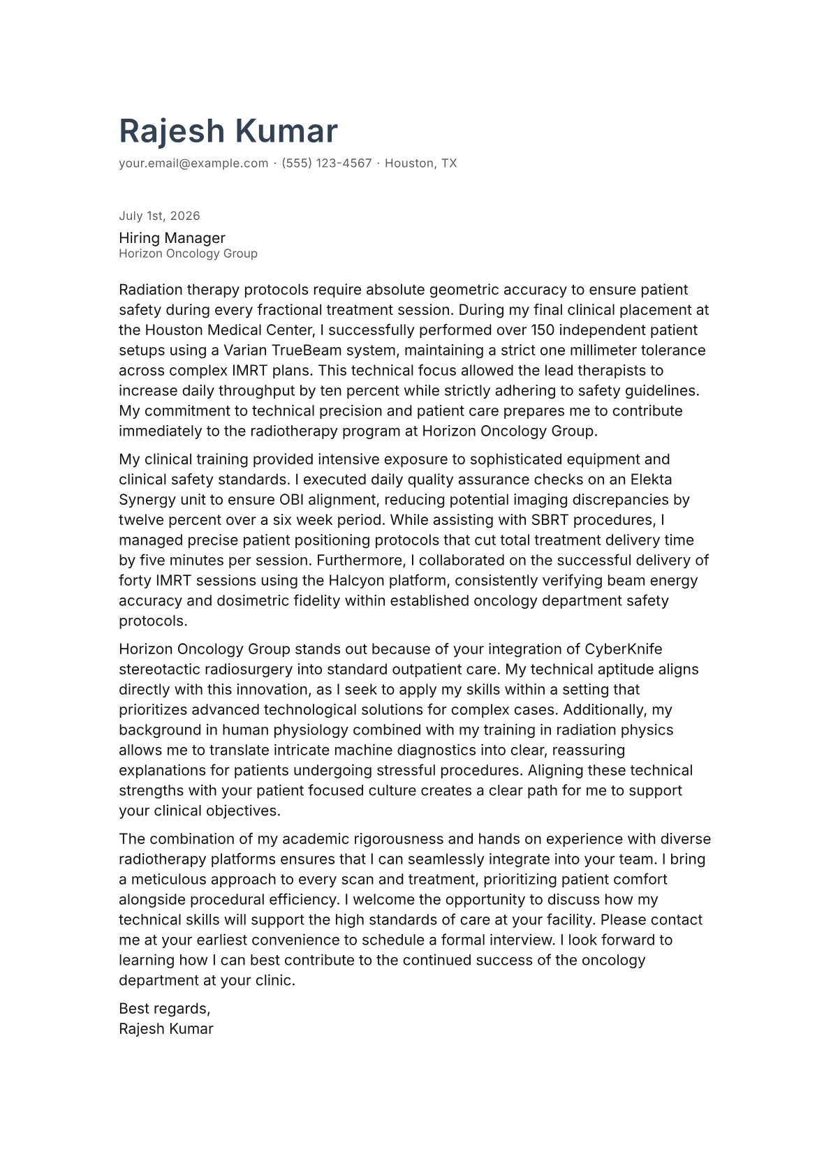 Radiation Therapist cover letter in the Minimal design