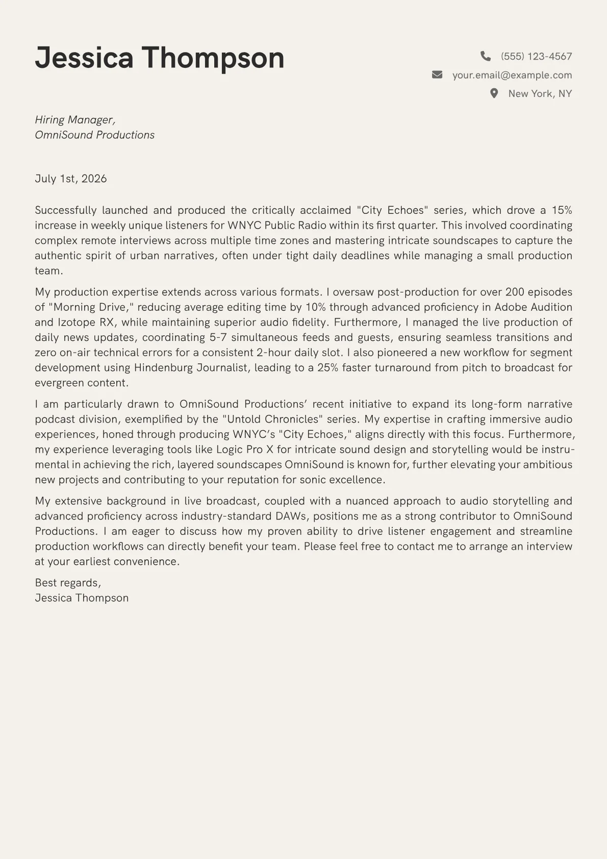 Radio Producer cover letter formatted with a JobSprout template