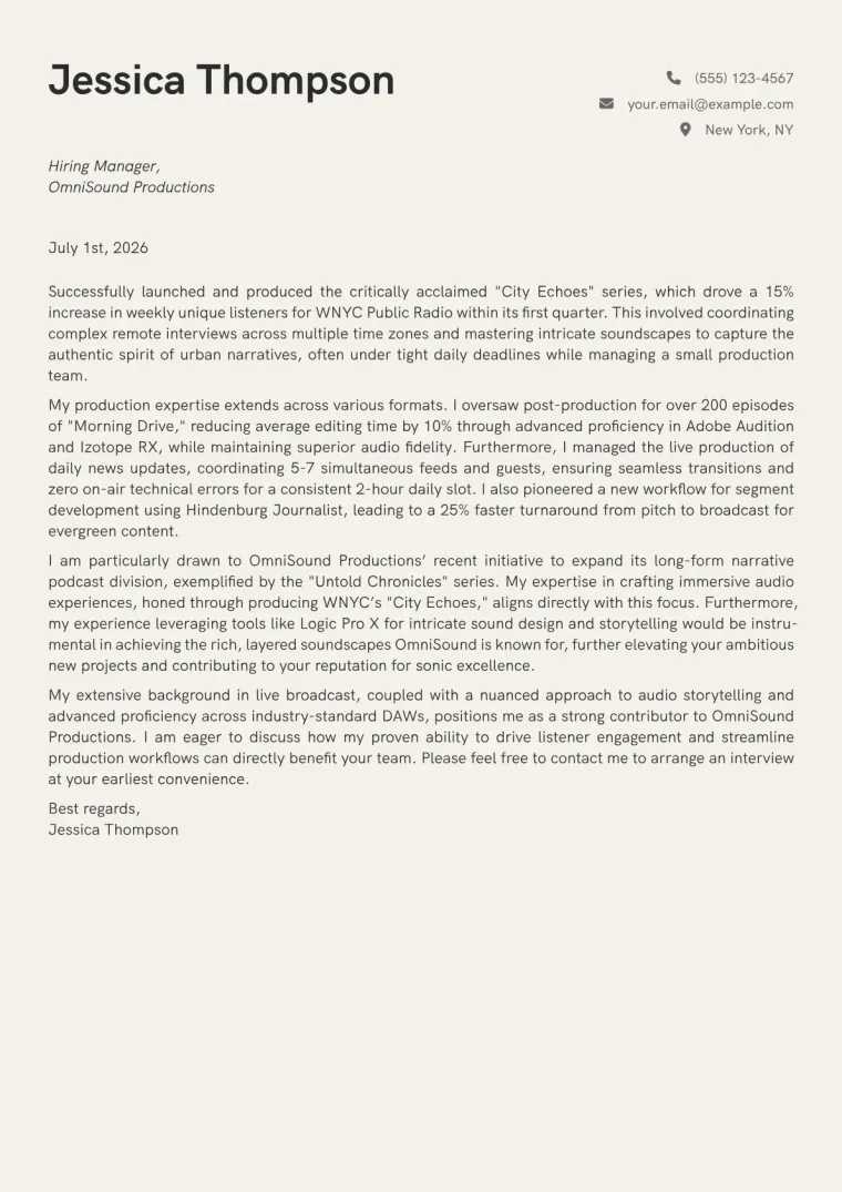 Radio Producer cover letter example preview
