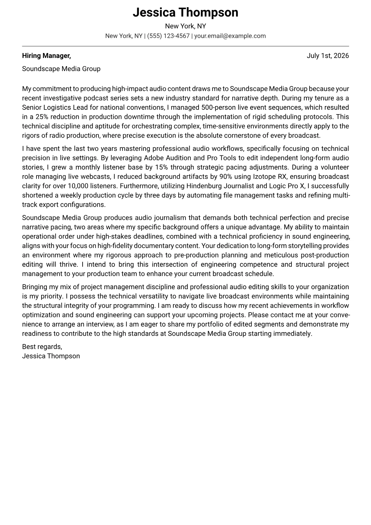 Radio Producer cover letter in the Modern design