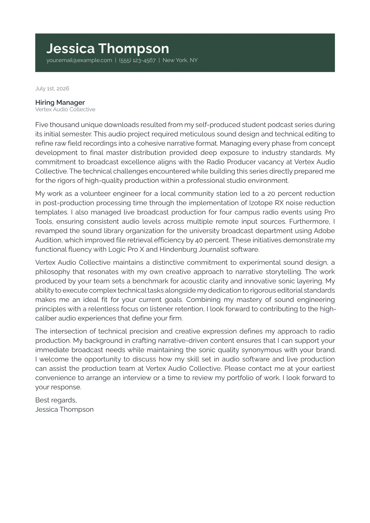 Radio Producer cover letter in the Banner design