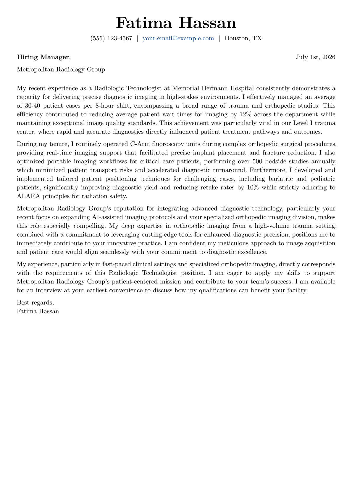 Radiologic Technologist cover letter formatted with a JobSprout template