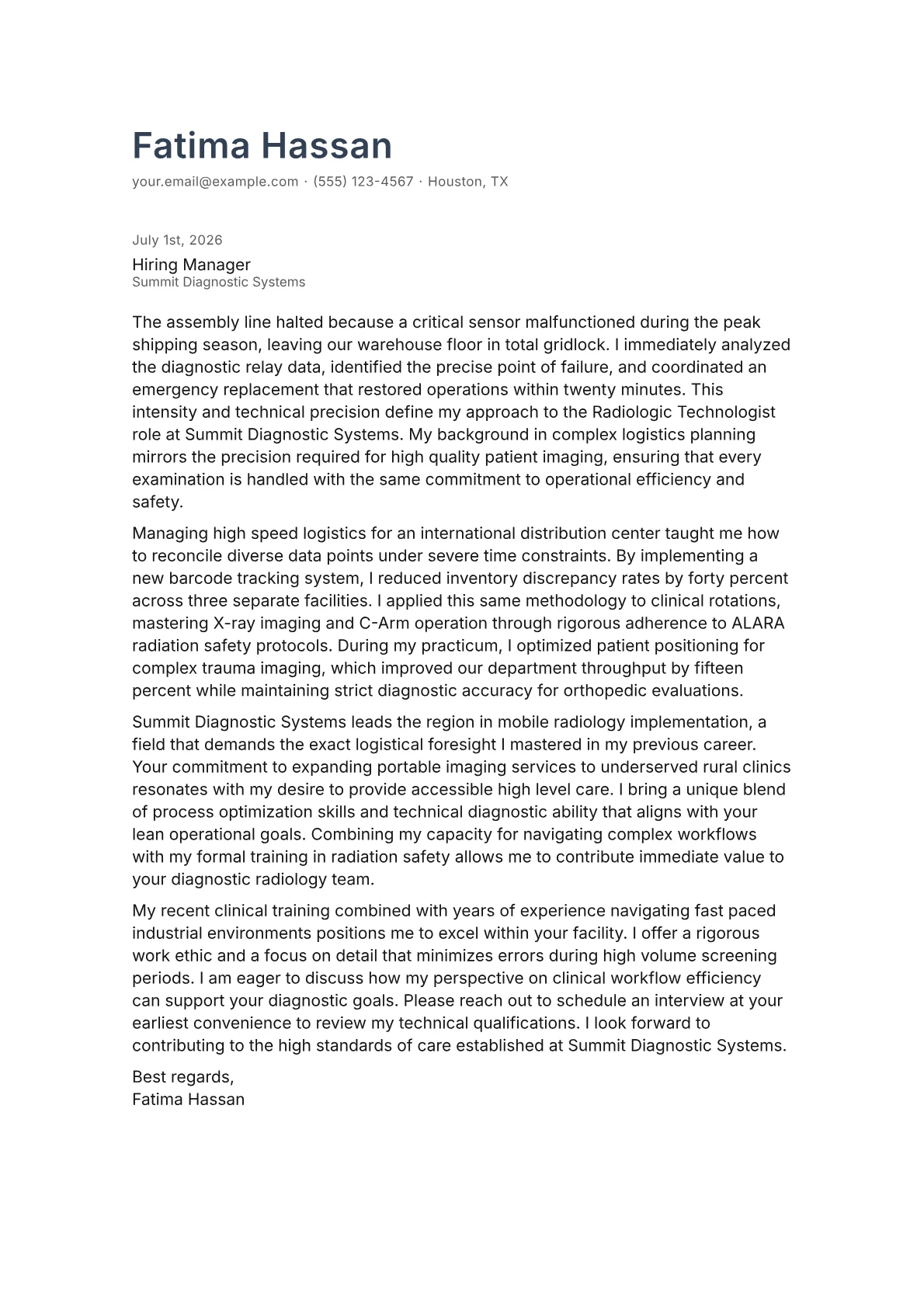 Radiologic Technologist cover letter in the Minimal design