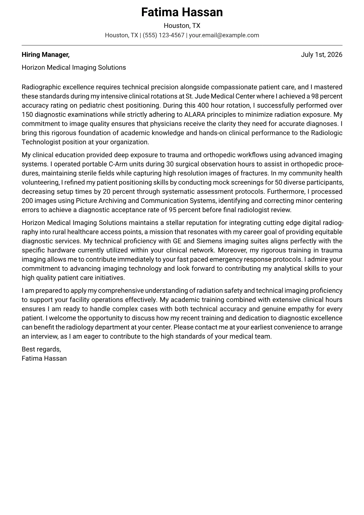 Radiologic Technologist cover letter in the Modern design