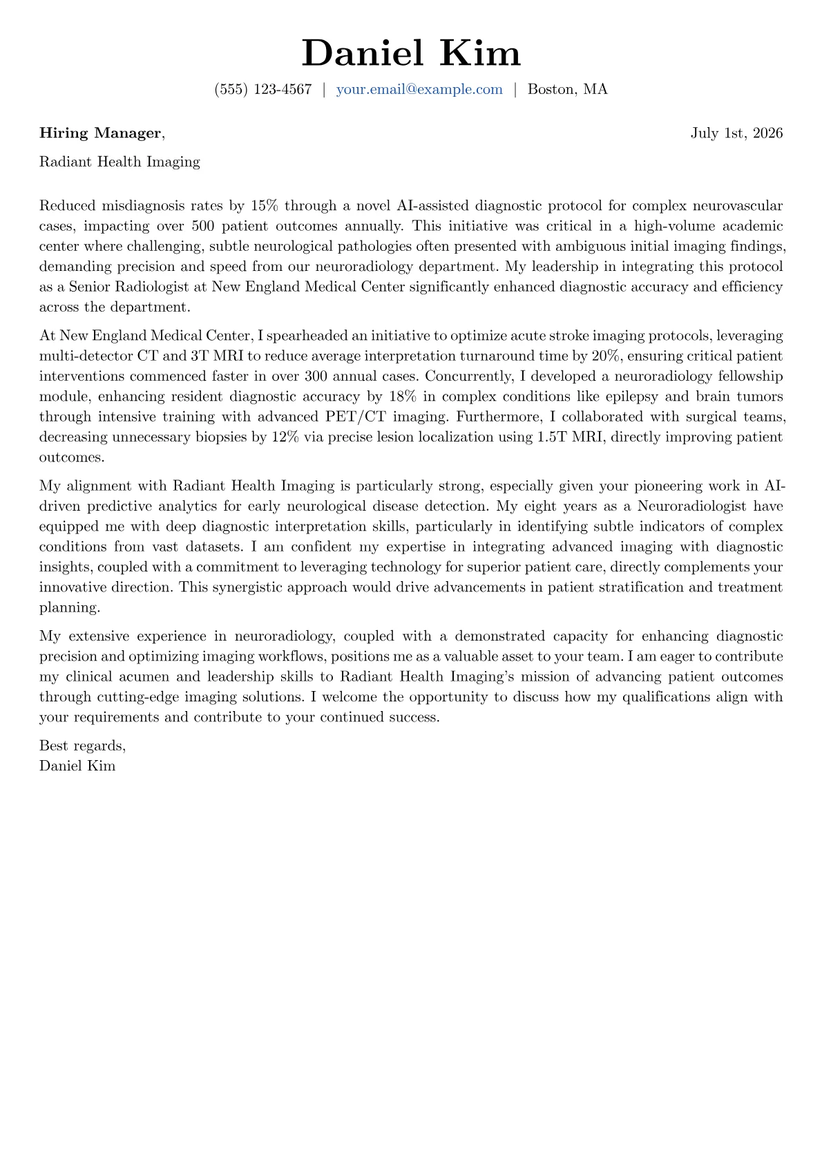 Radiologist cover letter formatted with a JobSprout template