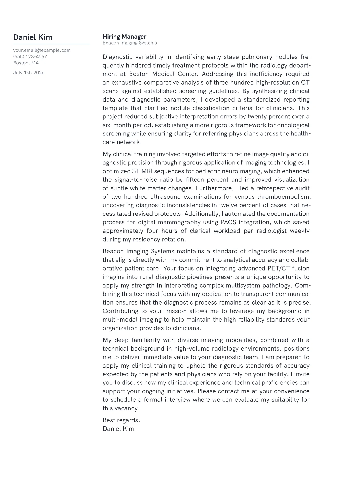 Radiologist cover letter in the Margin design