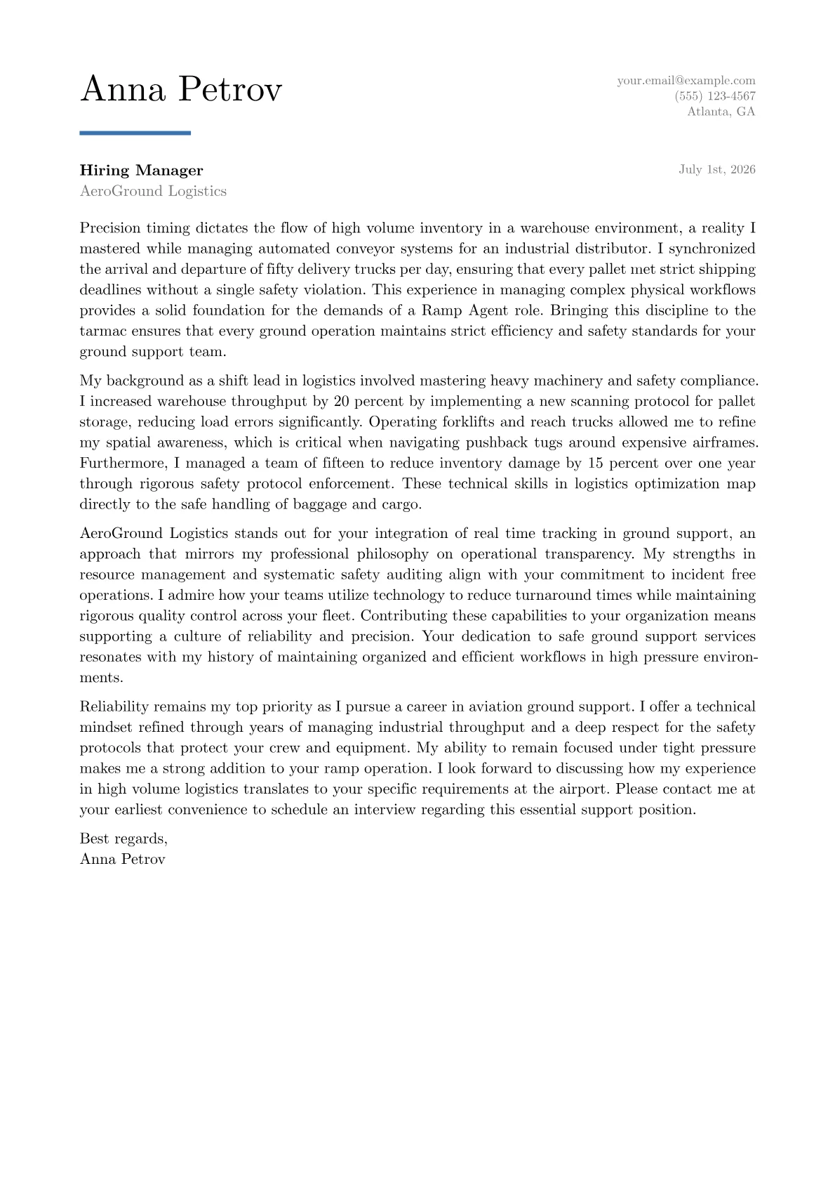 Ramp Agent cover letter in the Executive design