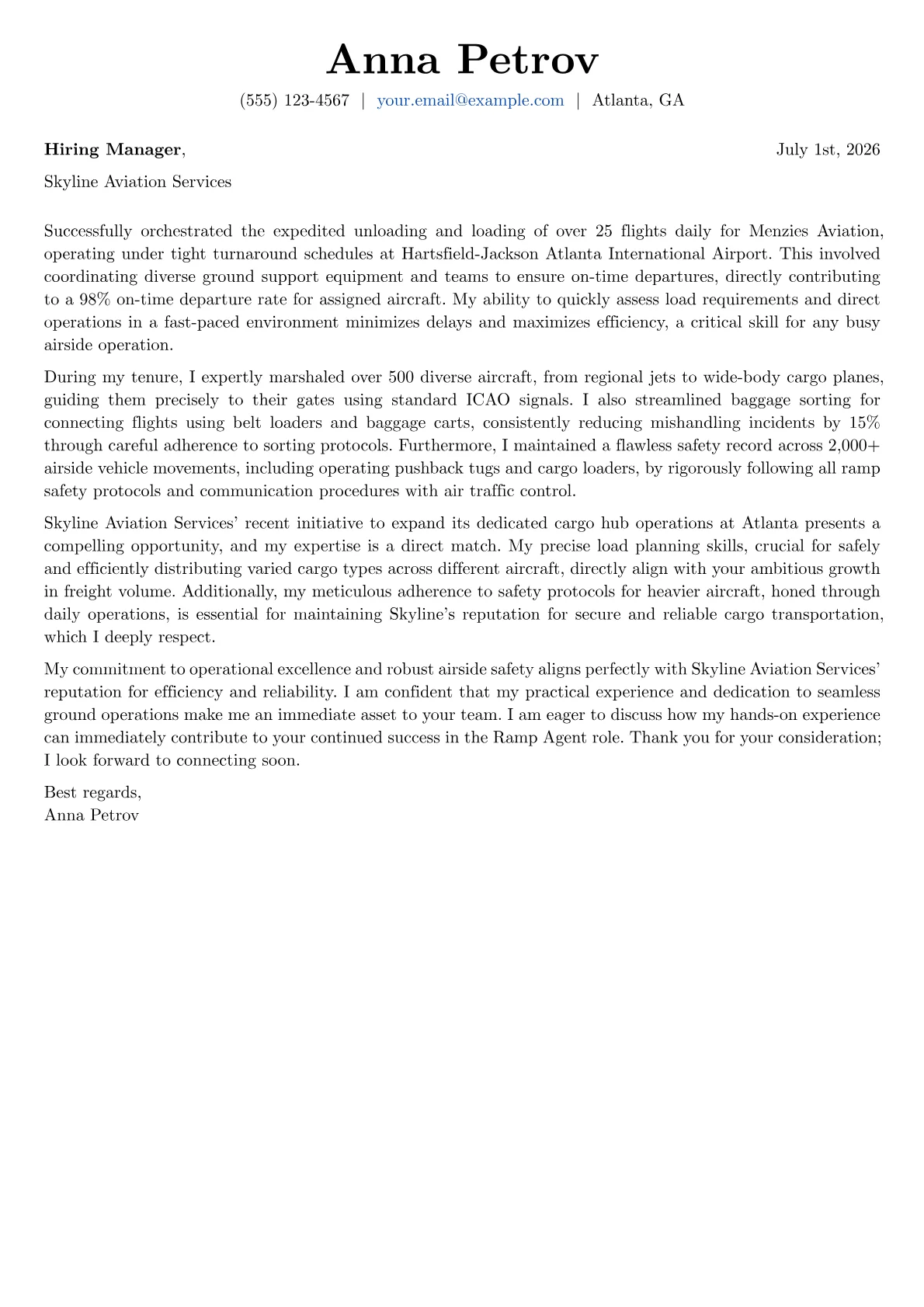 Ramp Agent cover letter formatted with a JobSprout template