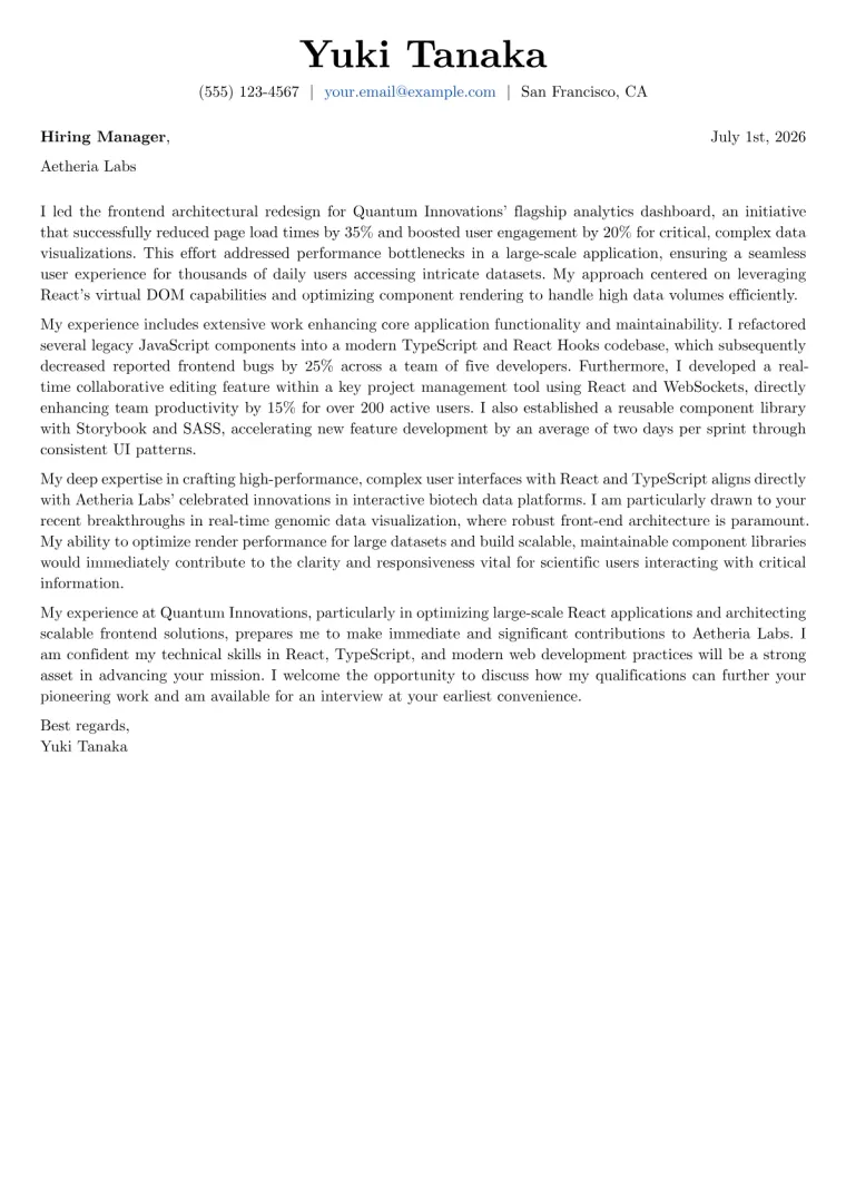 React Developer Cover Letter Example