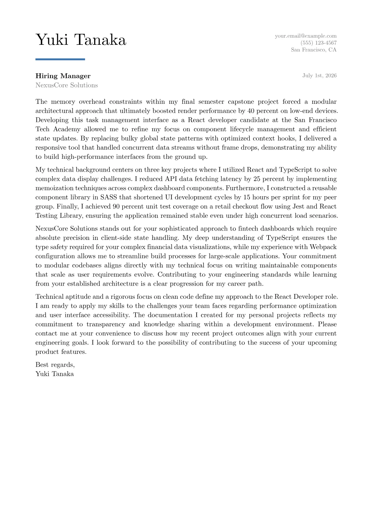 React Developer cover letter in the Executive design