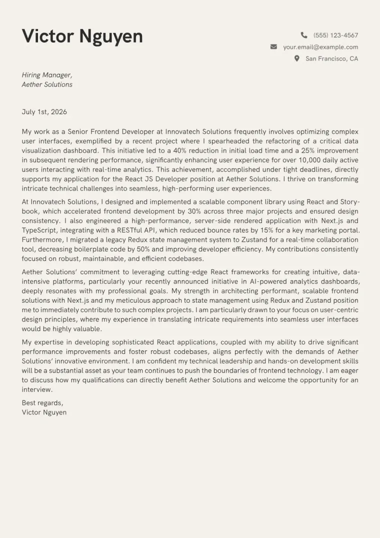 React JS Developer cover letter example preview