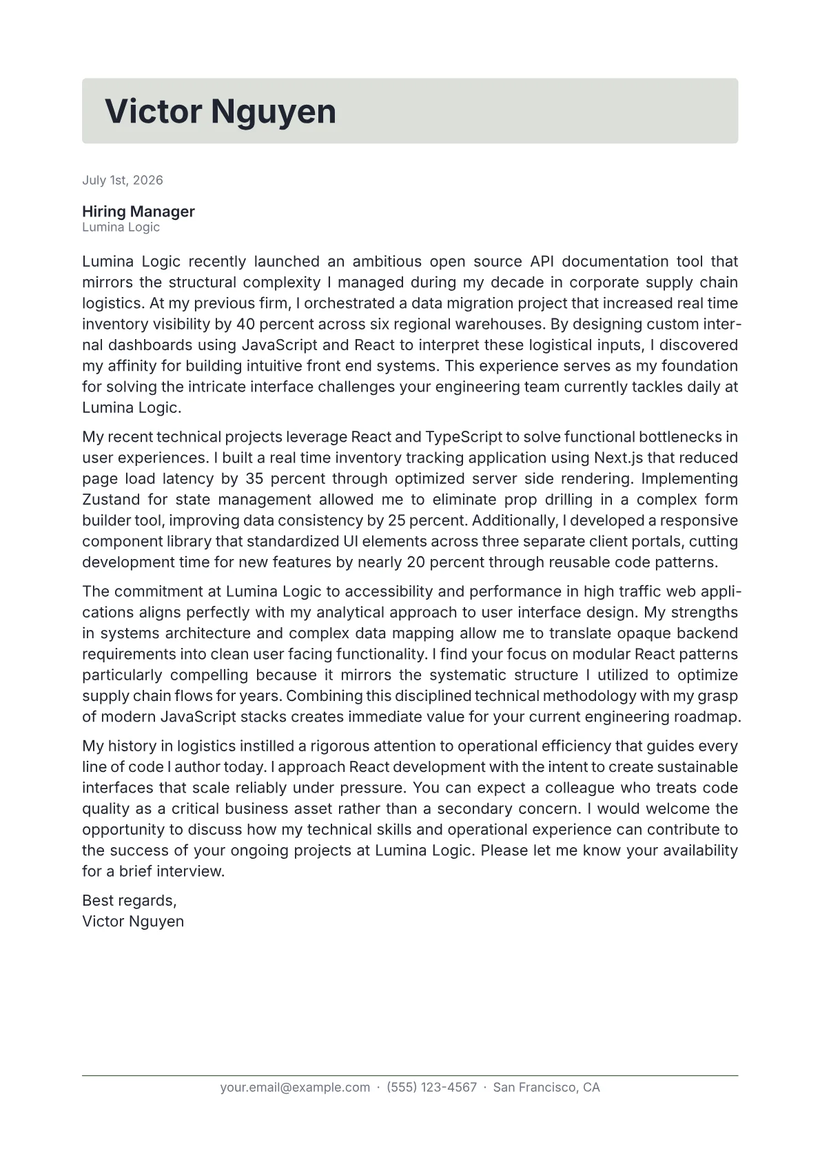 React JS Developer cover letter in the Letterhead design