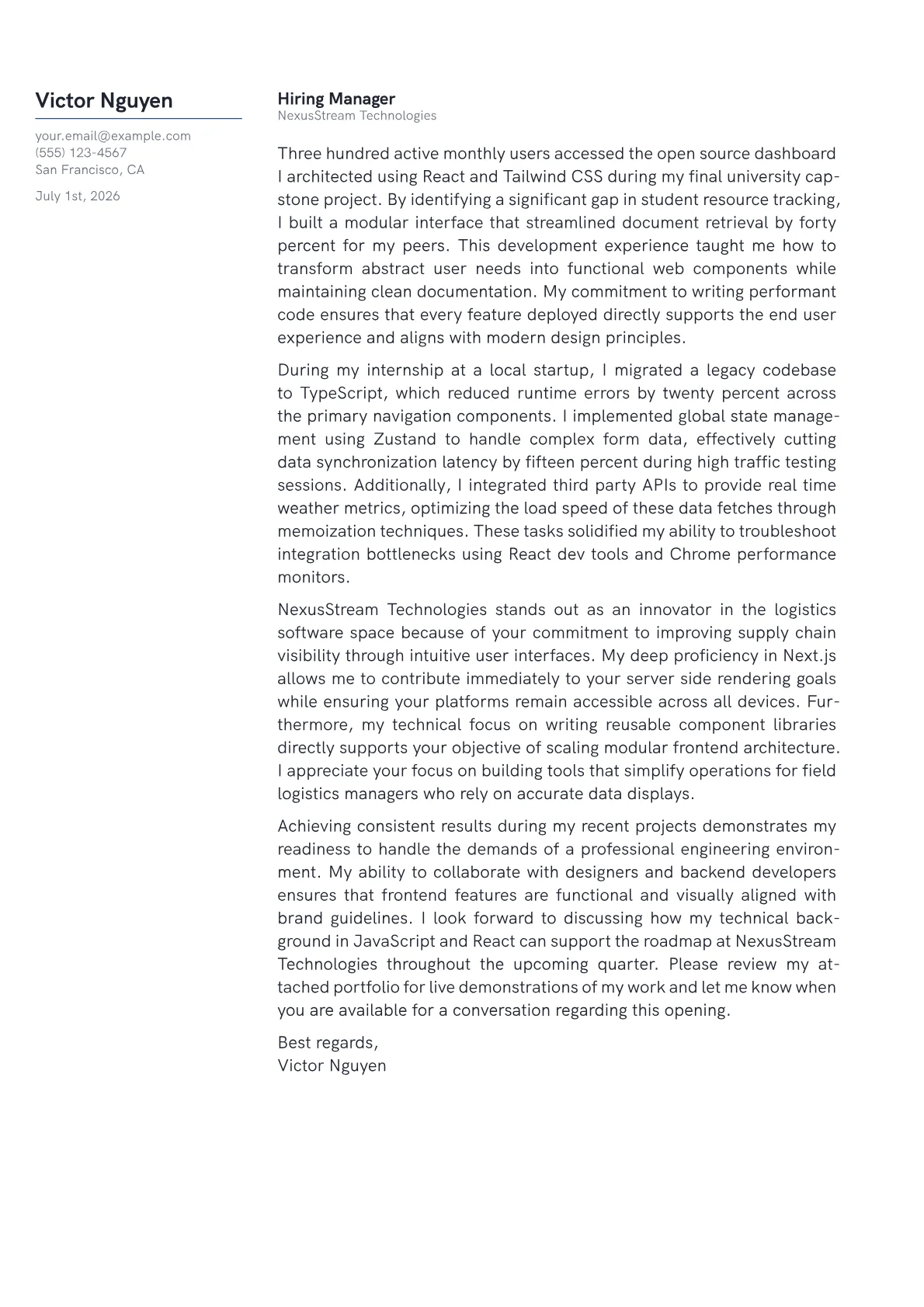 React JS Developer cover letter in the Margin design